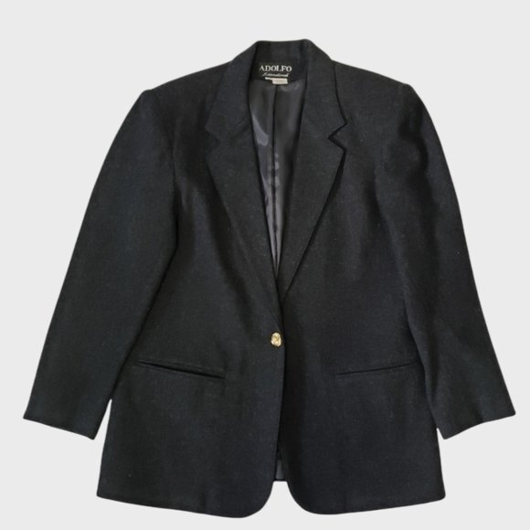 Adolfo International Blazer Black 100% Wool Classic Lined Gold-toned Button sz10 - Picture 2 of 10